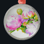 Ornamento De Metal Pintor branco-rosa-esbelto-esbranquiçado<br><div class="desc">Esta pintura floral romântica de cor rosa e peônia branca dá-vos um sentimento de elegância clássica ao estilo do mundo antigo! Uma bela pintura de aquarela original de H Cooper. A imagem é personalizável e transferível para a década de 100 de produtos!</div>