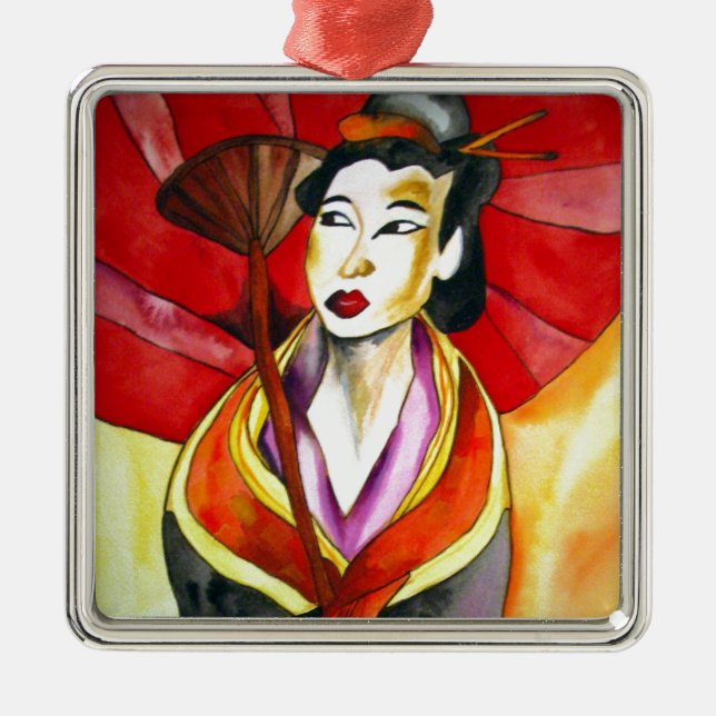 Ornamento De Metal Pintura a aquarela original em Geisha (Frente)