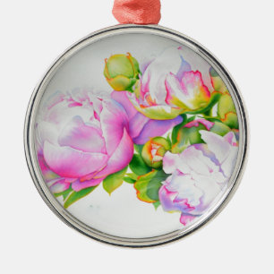 Ornamento De Metal Pintura em aquarela floral branca cor-de-rosa eleg