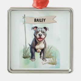 Ornamento De Metal Pit Bull Terrier Watercolor Personalized Dog