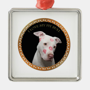 Ornamento De Metal Pitbull branco com beijos do vermelho por todo o