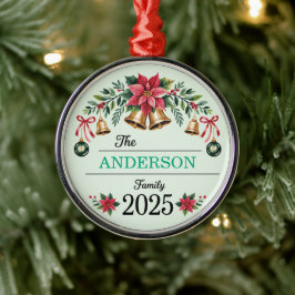 Ornamento De Metal Poinsettia Wreath Bells Family Name 2025 Christmas