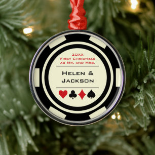 Ornamento De Metal Poker Chip Primeiro Natal Sr. e Sra. Black Ivory