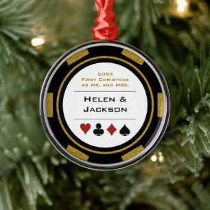 Ornamento De Metal Poker Chip Primeiro Natal Sr. & Sra. Black Dourada