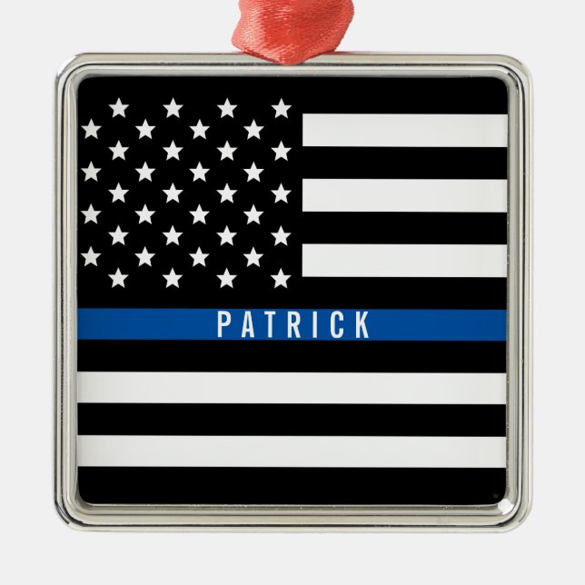 Ornamento De Metal Policial Thin Blue Line American Flag Monograma (Frente)