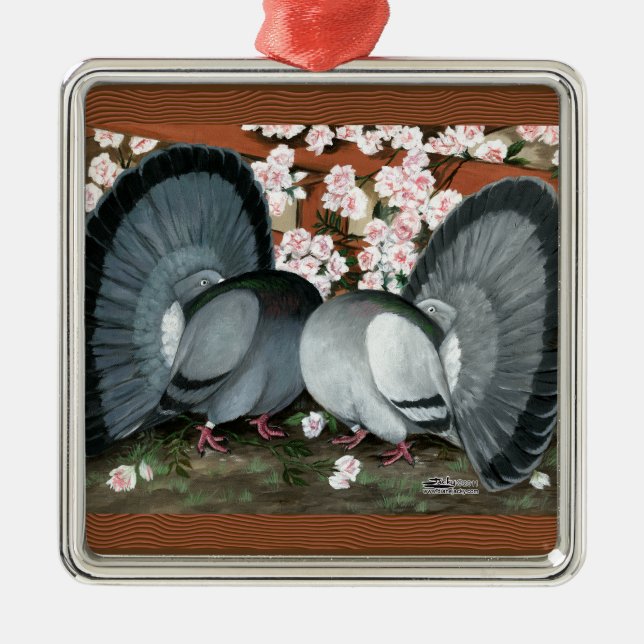 Ornamento De Metal Pombos Fantail Casal (Frente)