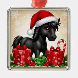 Ornamento De Metal Pônei Preto Fofo com Chapéu de Papai Noel