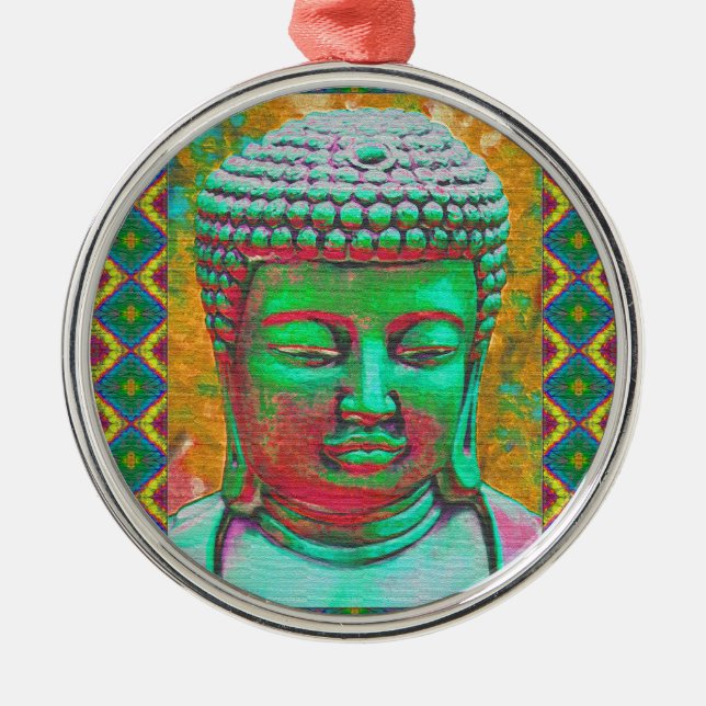 Ornamento De Metal Pop Buda em Teal Verde e Vermelho (Frente)