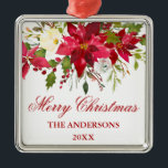 Ornamento De Metal Praça Floral de Poinsettia Vermelha de Aquarela<br><div class="desc">Poinsettia Vermelha Floral Personalizada por Mola</div>