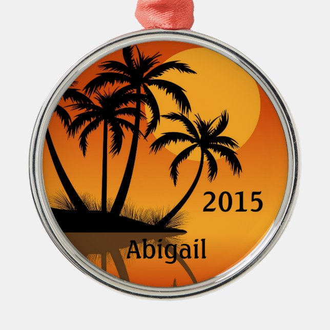 Ornamento De Metal Praia Tropical de Sunset e Palm Trees Personalizad (Frente)