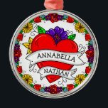Ornamento De Metal Presente Romântico de Casal | Tatuagem Estilo Arte<br><div class="desc">trabalho de arte de estilo grafite ou tatuagem com um coração de desenho animado e rosas e outras flores com nomes de casal personalizados.</div>