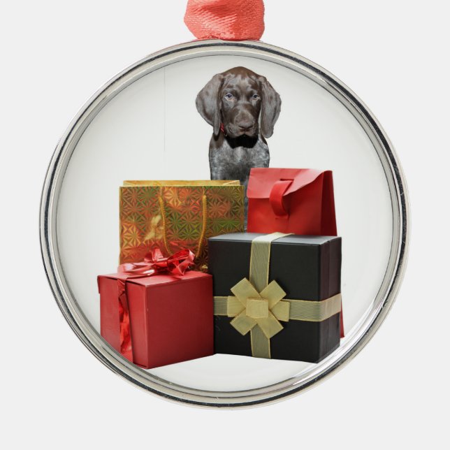 Ornamento De Metal Presentes de Natal de Pointer Puppy (Frente)