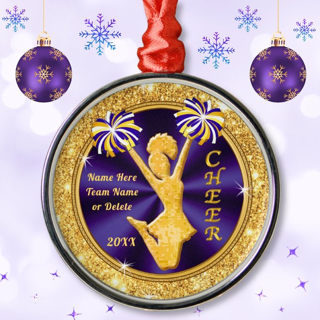 Ornamento De Metal Presentes de Natal Purple e Dourado Personalizado (Cheerleader Christmas Tree Ornaments. Awesome, Personalized Senior Cheer Gifts. Cheerleader gifts.)