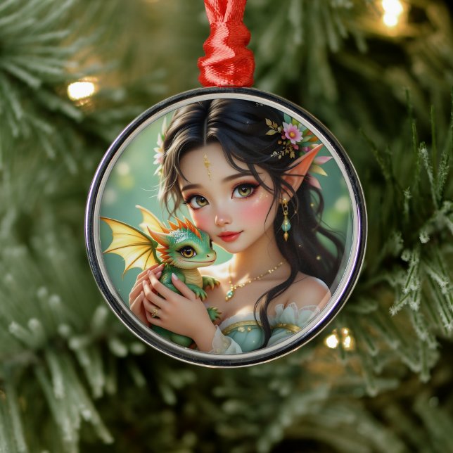 Ornamento De Metal Pretty Elven Fairy & Dragon Ethereal Christmas (Árvore)