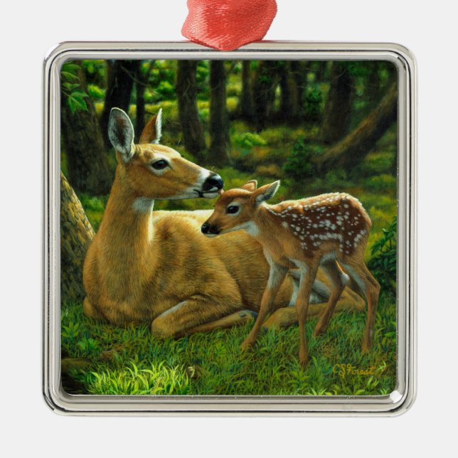 Ornamento De Metal Primavera Whitetail Fawn e Madre Deer (Frente)