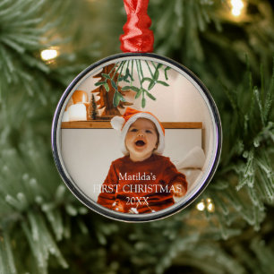 Ornamento De Metal Primeira Foto Botânica de Natal do Mistletoe Baby