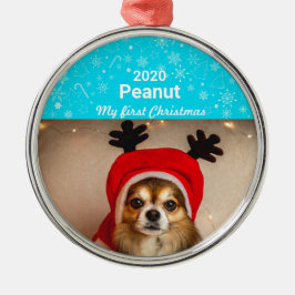 Ornamento De Metal Primeira foto de Natal de Puppy