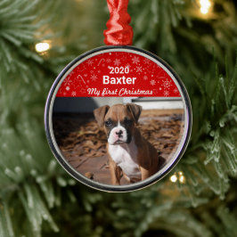 Ornamento De Metal Primeira foto de Natal de Puppy