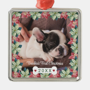 Ornamento De Metal Primeira foto de Natal de Puppy