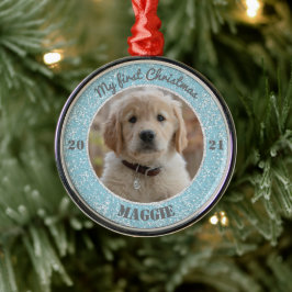 Ornamento De Metal Primeira Foto de Natal personalizada de Puppy