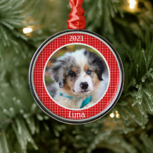 Ornamento De Metal Primeira Foto de Natal personalizada de Puppy