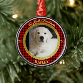 Ornamento De Metal Primeira Foto de Natal personalizada de Puppy