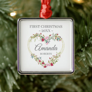 Ornamento De Metal Primeira Menina de Natal com Flores Rosa e Vermelh