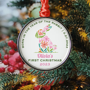 Ornamento De Metal Primeiro Ano Lunar de Natal do Bebê no Coelho