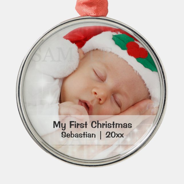 Ornamento De Metal Primeiro Modelo de Foto Personalizada de Natal do  (Frente)