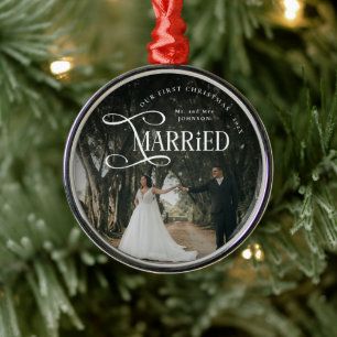 Ornamento De Metal Primeiro Natal Casados Foto de Casal Sr e Sra 