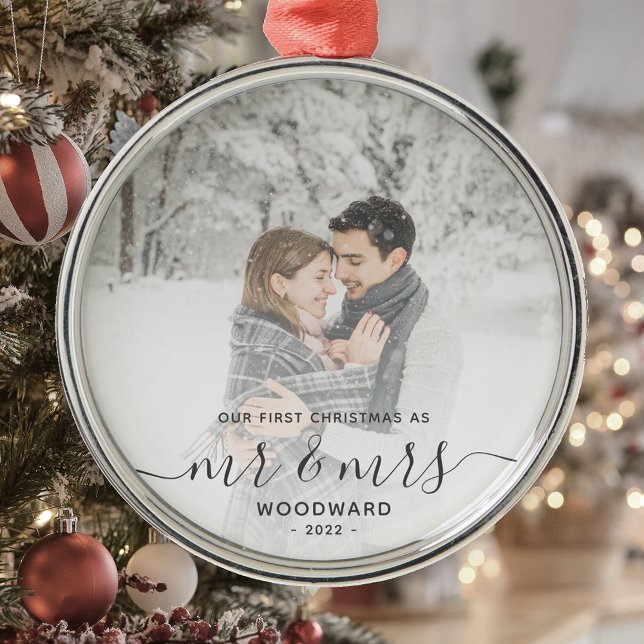 Ornamento De Metal Primeiro Natal Casados Personalizado Foto Cinza Sc (Criador carregado)