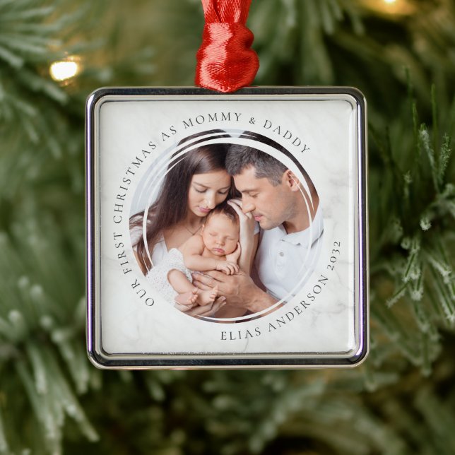 Ornamento De Metal Primeiro Natal como Mamãe e Pai Marble Foto (Árvore)