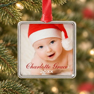 Ornamento De Metal Primeiro Natal da Criança Monograma Vermelho Foto