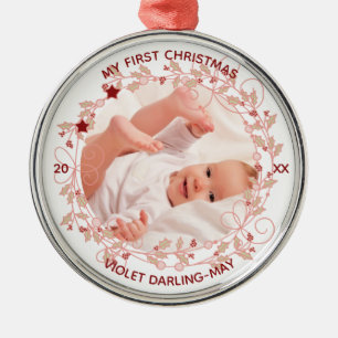 Ornamento De Metal Primeiro Natal do Bebê Foto - Coroa de Azevinho Ro