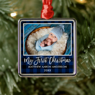 Ornamento De Metal Primeiro Natal do Bebê Xadrez Azul com Escrita em