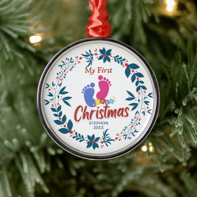 Ornamento De Metal Primeiro Natal do Elegant Baby com Nome (Árvore)