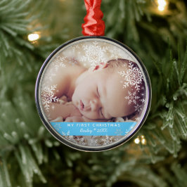 Ornamento De Metal Primeiro Natal do Menino Flocos de Neve Azul Prata