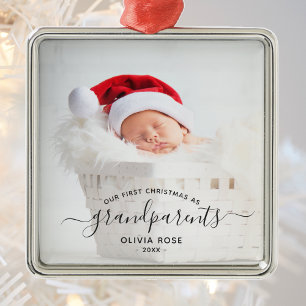 Ornamento De Metal Primeiro Natal dos Avós Foto com Letra Preta