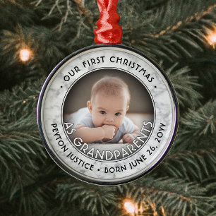 Ornamento De Metal Primeiro Natal dos Avós Uma Foto Falso Mármore