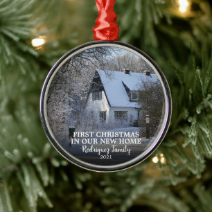 Ornamento De Metal Primeiro Natal em nosso novo nome de família de fo