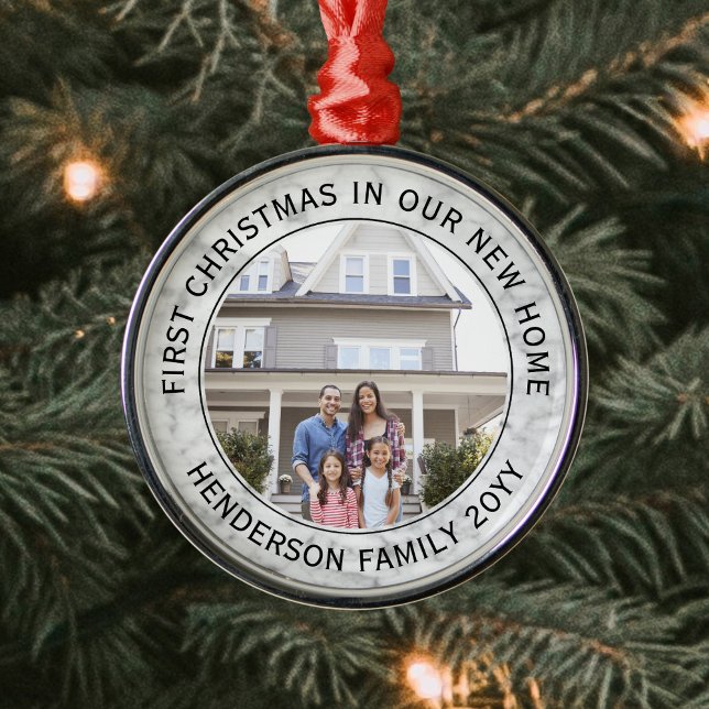 Ornamento De Metal Primeiro Natal Nova Foto do Elegante Faux Marble (Criador carregado)