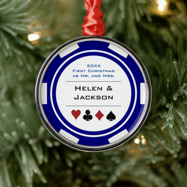 Ornamento De Metal Primeiro Natal Sr. e Sra. Blue White Poker Chip (Árvore)