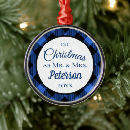 Ornamento De Metal Primeiro Natal Sr. e Sra. Buffalo Blue Xadrez