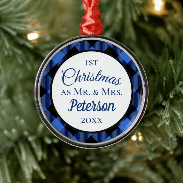 Ornamento De Metal Primeiro Natal Sr. e Sra. Buffalo Blue Xadrez (Árvore)