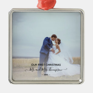 Ornamento De Metal Primeiros Newlyweds do Script de Assinatura de Fot
