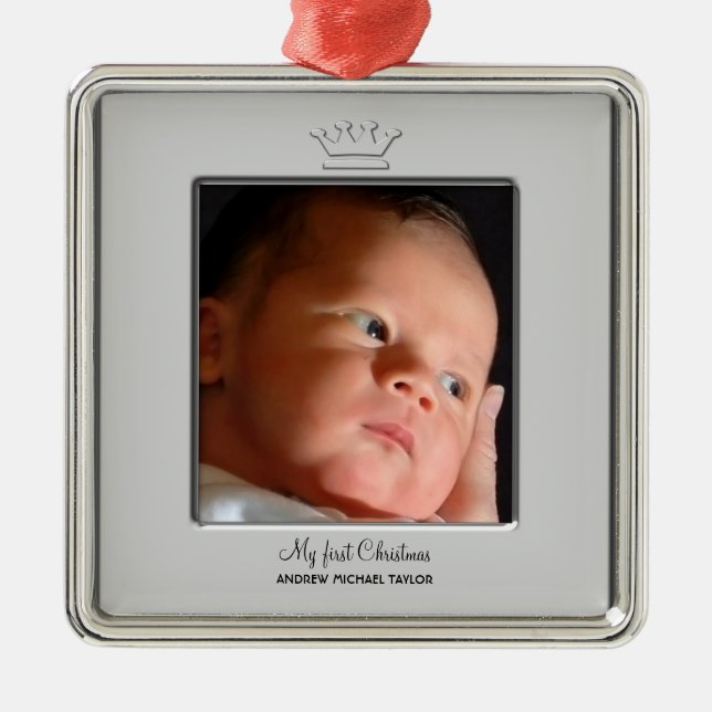 Ornamento De Metal Prince Crown Baby Boy Primeira Foto de Natal (Frente)