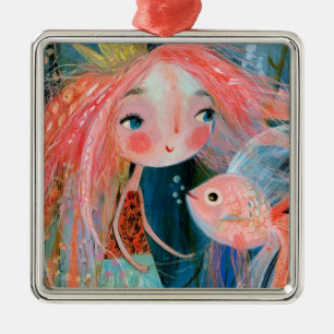 Ornamento De Metal Princesa Sereia Com Amigo Peixe Rosa