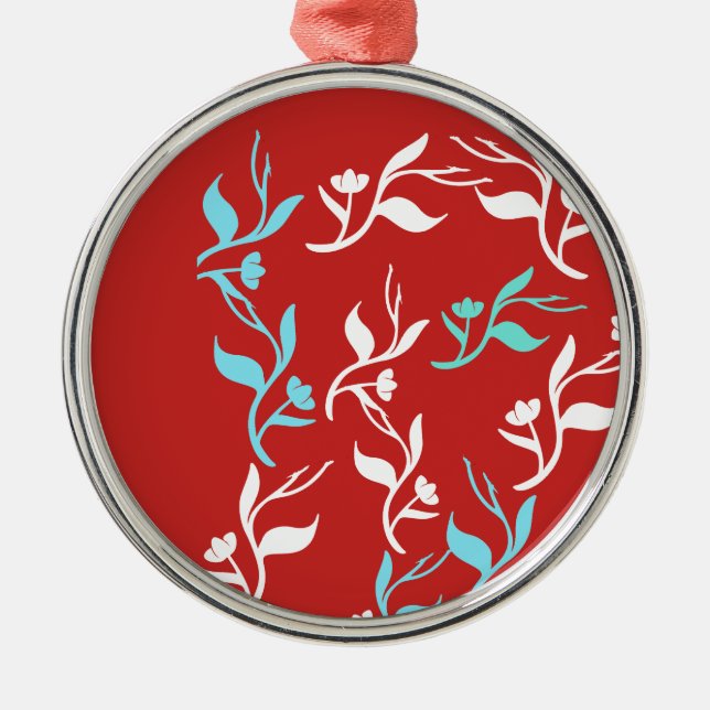 Ornamento De Metal Produto com padrão de folhas brancas turquesa (Frente)