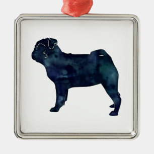 Ornamento De Metal Pug black watercolor silhouhum