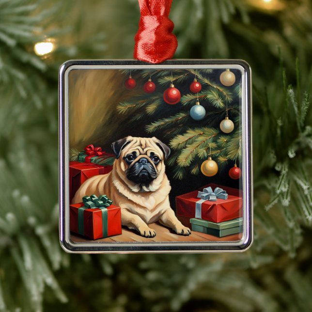 Ornamento De Metal Pug comemora o Natal (Árvore)